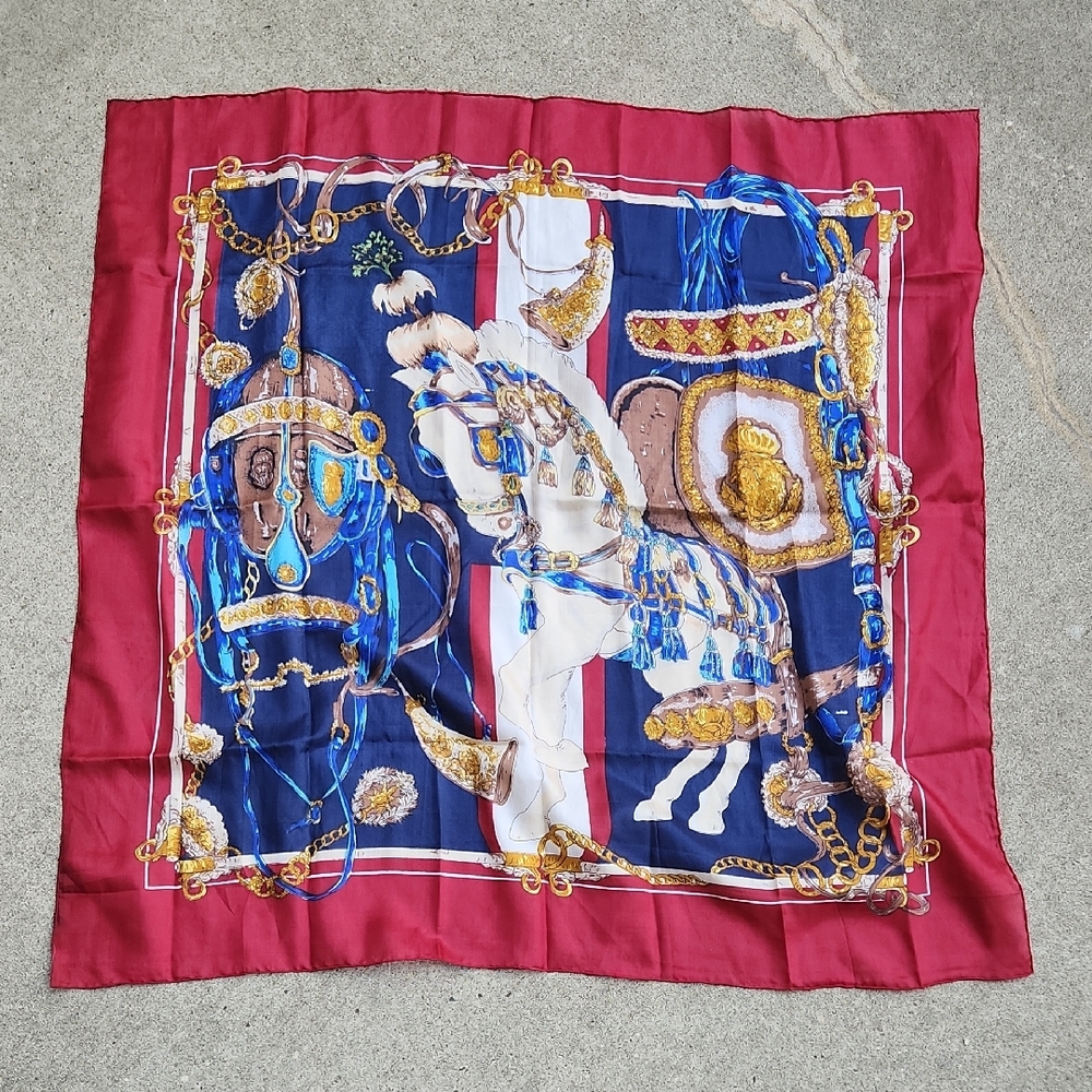 Vintage Red and Blue Silk Scarf with horse print